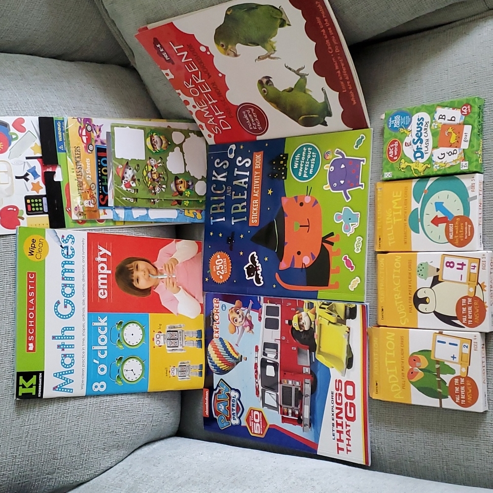 Set of Kindergarten and preK practice books, flash cards and assorted stickers
